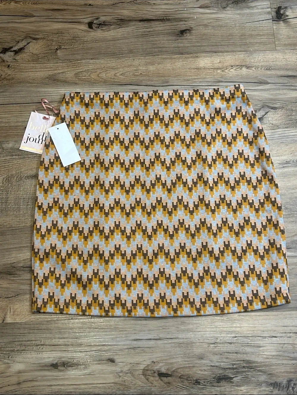 Belle Du Jour Yellow Brown Geometric Knit Mini Skirt